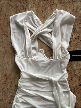 NWT Pretty Little Things White Mesh Wrap Neck Tie Detail Sexy Bodycon Dress